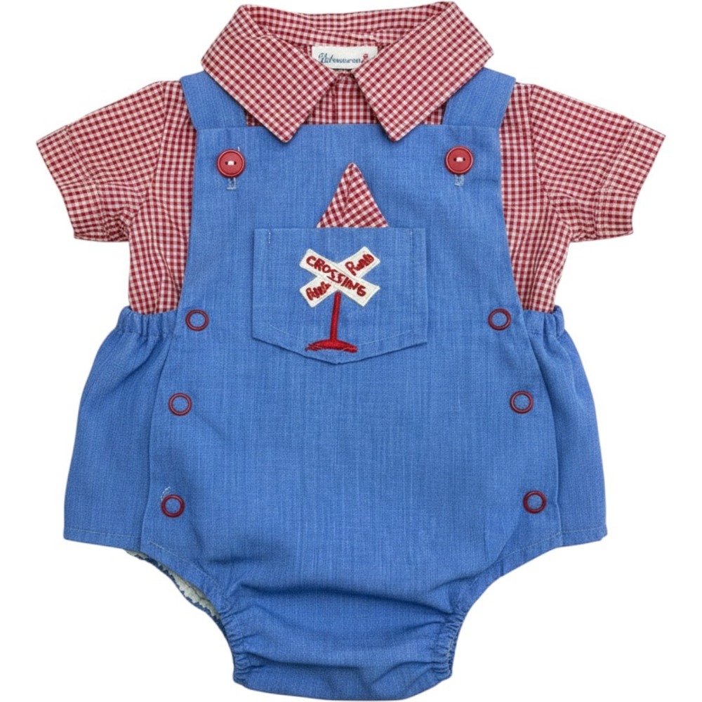 Vintage Baby Boy Train Bubble Romper and Gingham Shirt Set Blue Red 3-6 Months